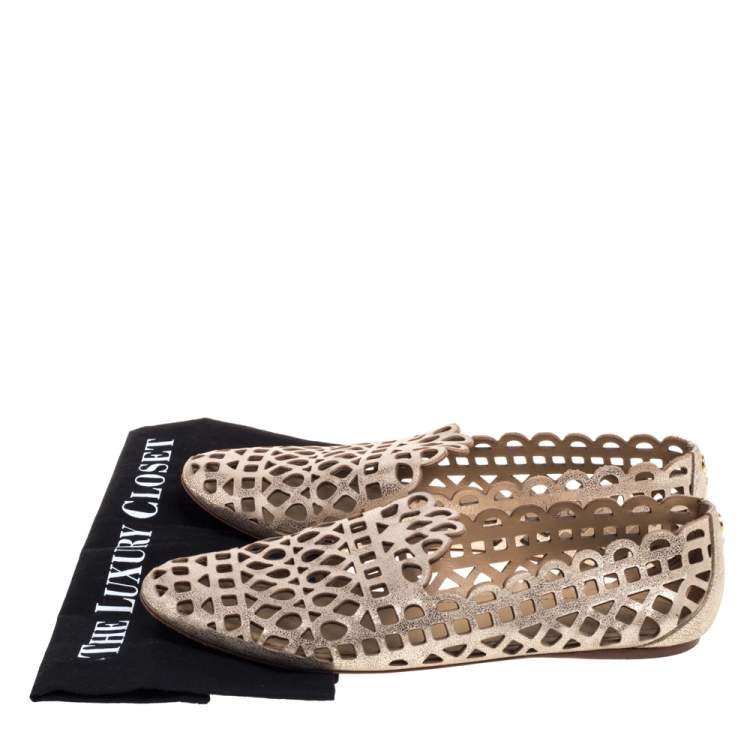 Pre Owned Tory Burch Dull Gold Laser Cut Leather Logo Thatched Espadrille Flats Size 41