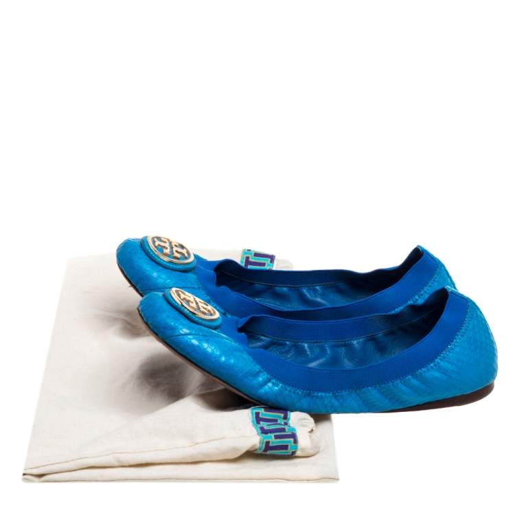 Pre Owned Tory Burch Blue Leather Ballet Flats Size 38
