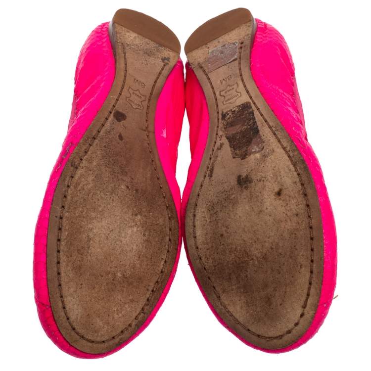 Pre Owned Tory Burch Neon Pink Python Embossed Leather Caroline Ballet Flats Size 38