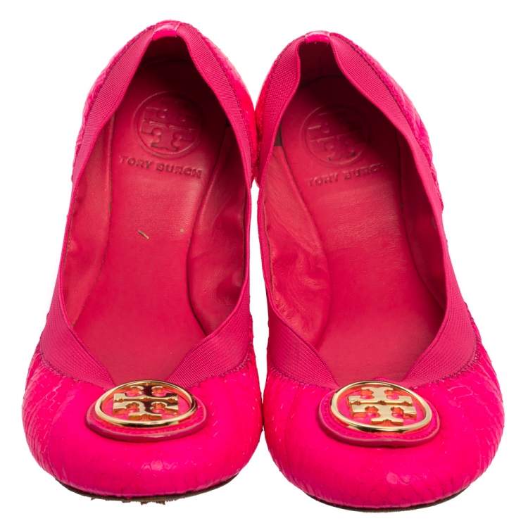 Pre Owned Tory Burch Neon Pink Python Embossed Leather Caroline Ballet Flats Size 38