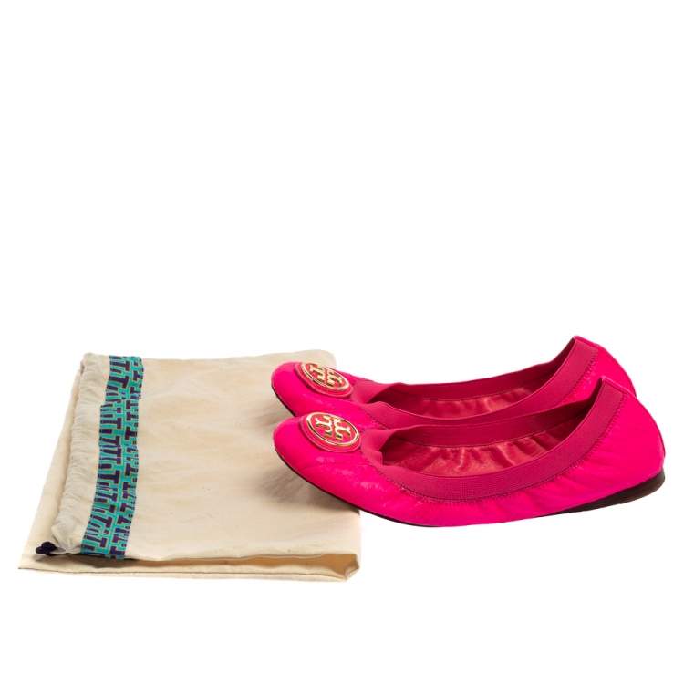 Pre Owned Tory Burch Neon Pink Python Embossed Leather Caroline Ballet Flats Size 38