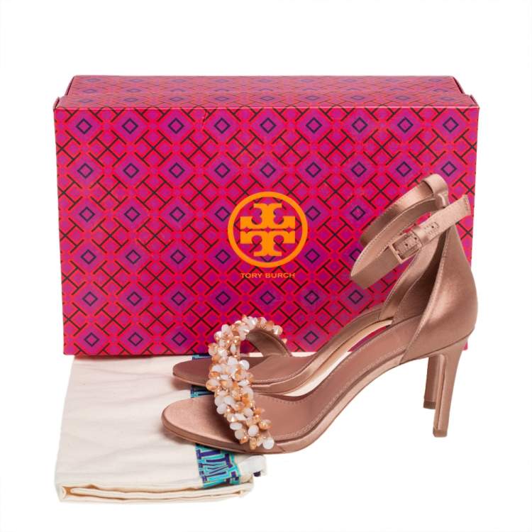 Pre Owned Tory Burch Beige Satin Embellished Logan Sandals Size 36