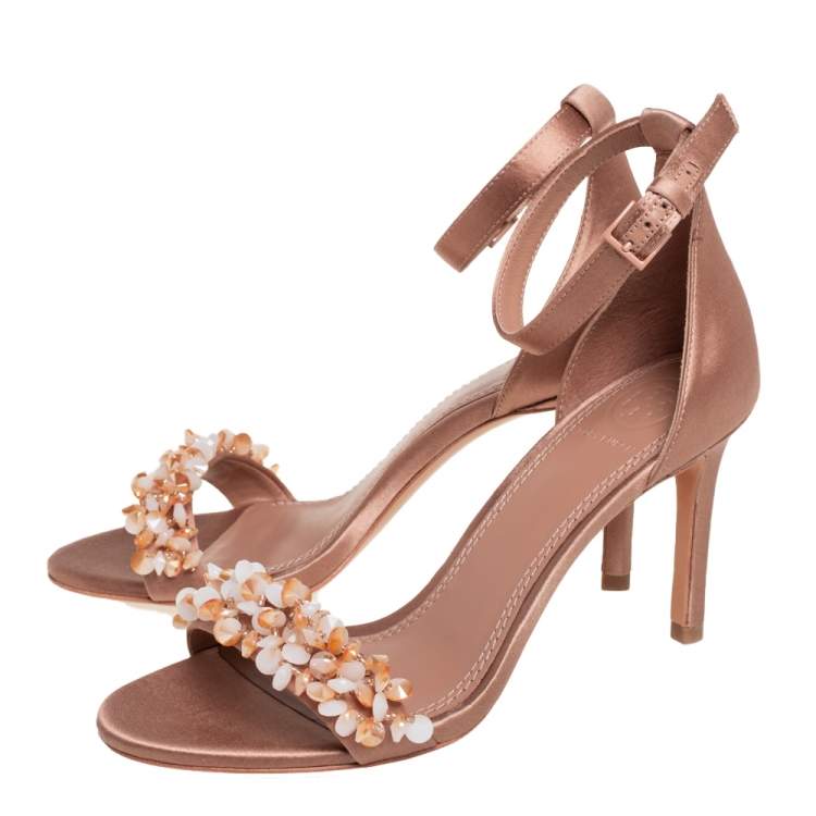 Pre Owned Tory Burch Beige Satin Embellished Logan Sandals Size 36