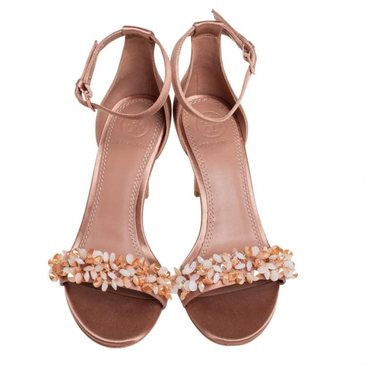 Pre Owned Tory Burch Beige Satin Embellished Logan Sandals Size 36