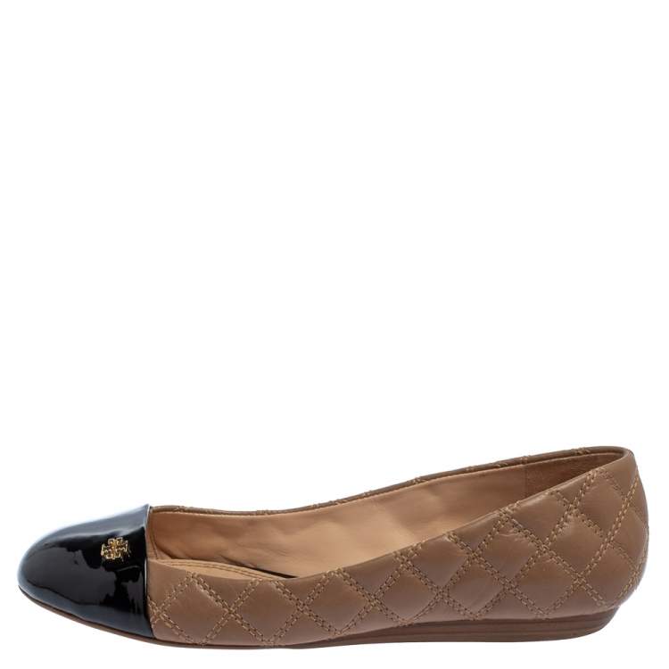 Pre Owned Tory Burch Beige/Black Leather Claremont Ballet Flats Size 37.5