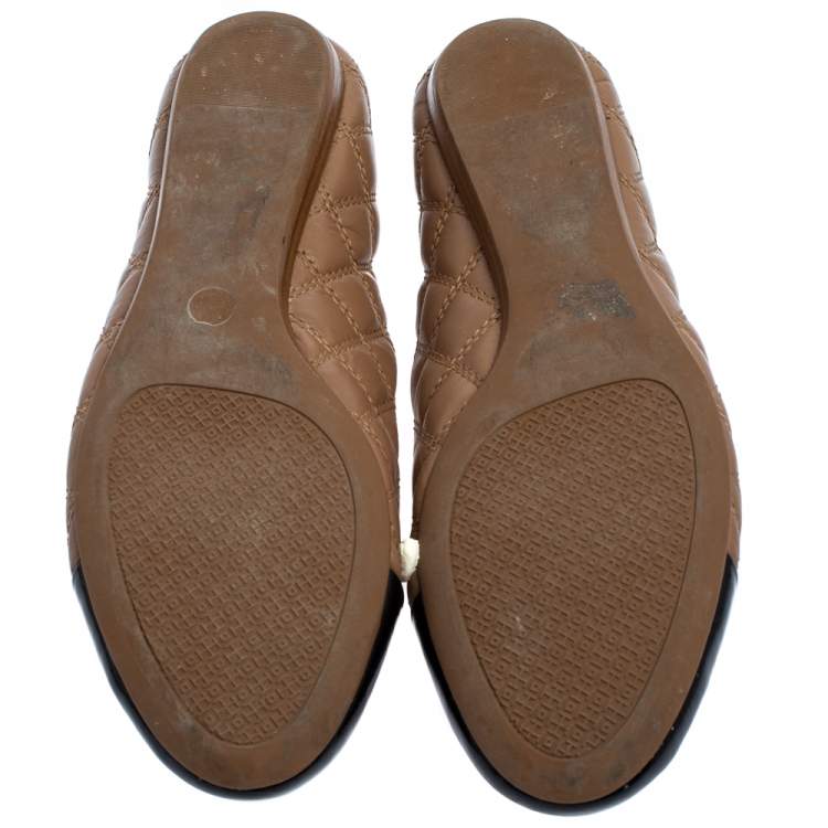 Pre Owned Tory Burch Beige/Black Leather Claremont Ballet Flats Size 37.5