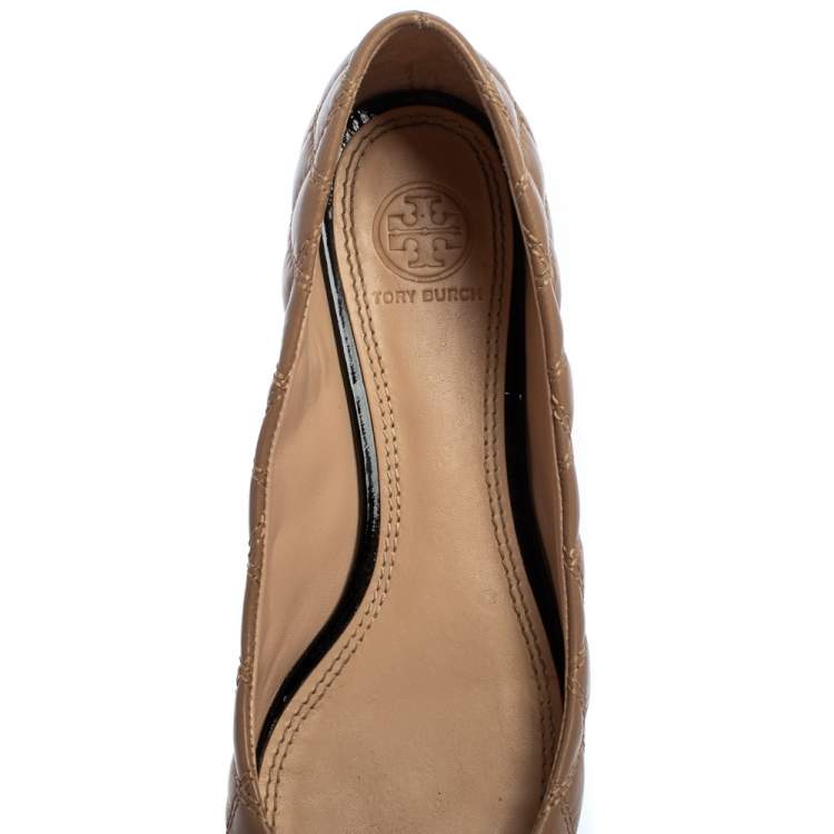 Pre Owned Tory Burch Beige/Black Leather Claremont Ballet Flats Size 37.5