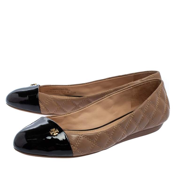 Pre Owned Tory Burch Beige/Black Leather Claremont Ballet Flats Size 37.5