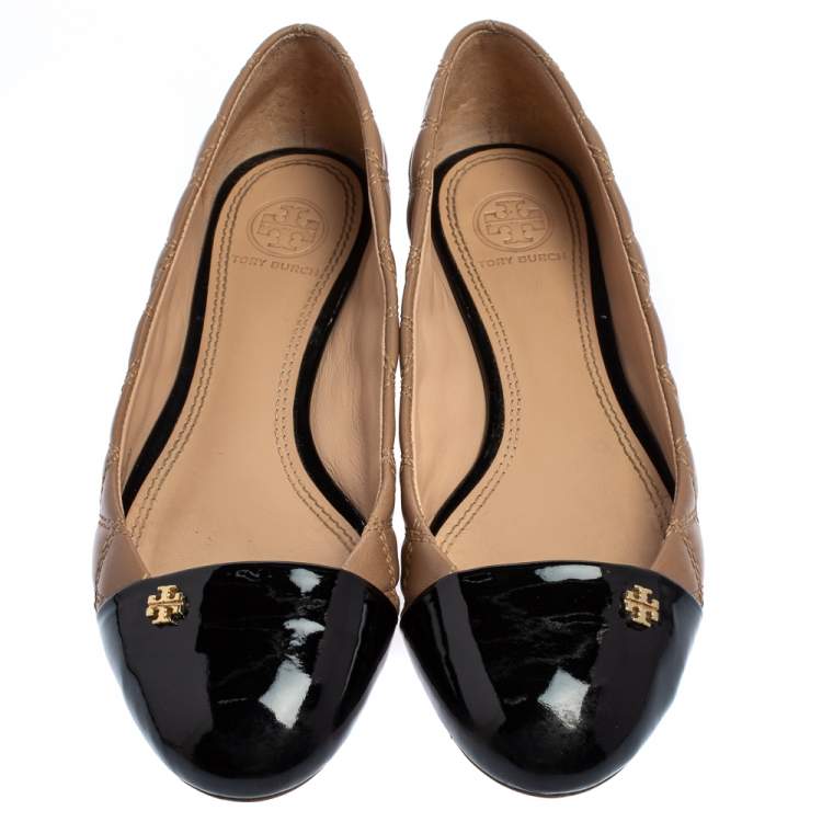 Pre Owned Tory Burch Beige/Black Leather Claremont Ballet Flats Size 37.5