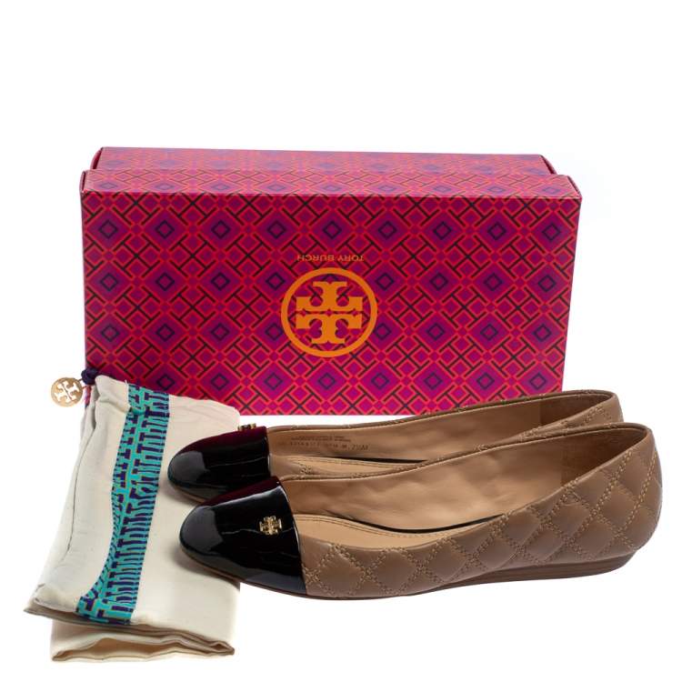 Pre Owned Tory Burch Beige/Black Leather Claremont Ballet Flats Size 37.5
