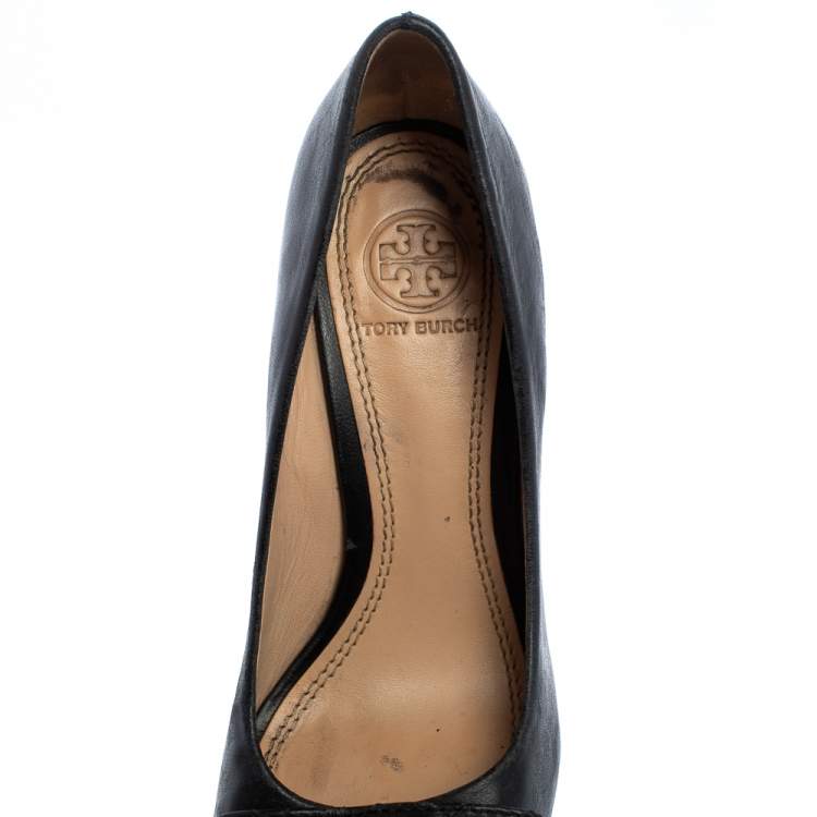 Pre Owned Tory Burch Black Leather Leila Open Toe Wedge Pumps Size 36