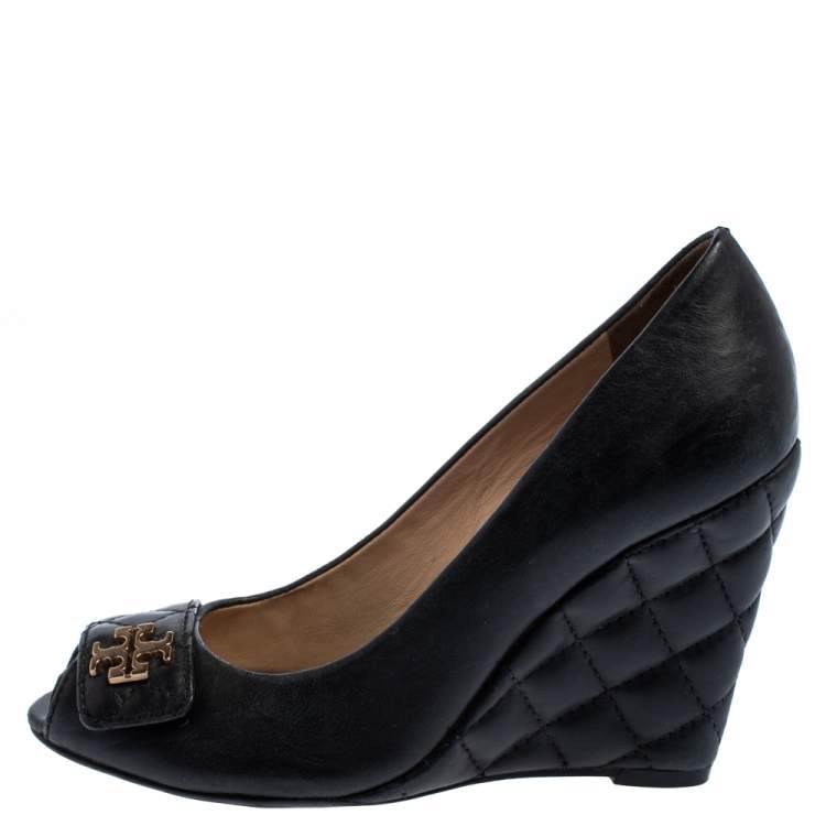 Pre Owned Tory Burch Black Leather Leila Open Toe Wedge Pumps Size 36