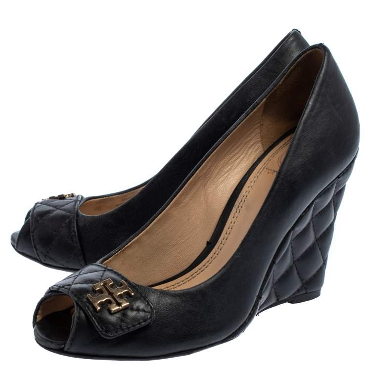 Pre Owned Tory Burch Black Leather Leila Open Toe Wedge Pumps Size 36