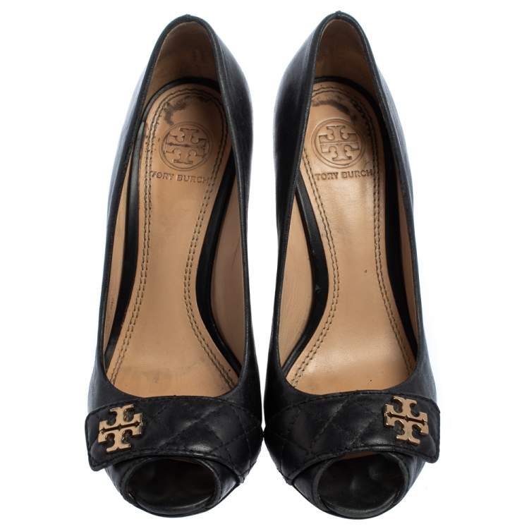 Pre Owned Tory Burch Black Leather Leila Open Toe Wedge Pumps Size 36