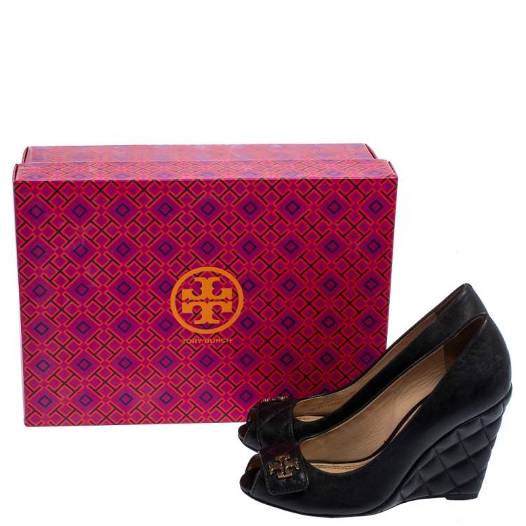 Pre Owned Tory Burch Black Leather Leila Open Toe Wedge Pumps Size 36