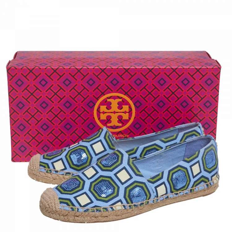 Pre Owned Tory Burch Blue/Green Canvas Espadrille Flats Size 37