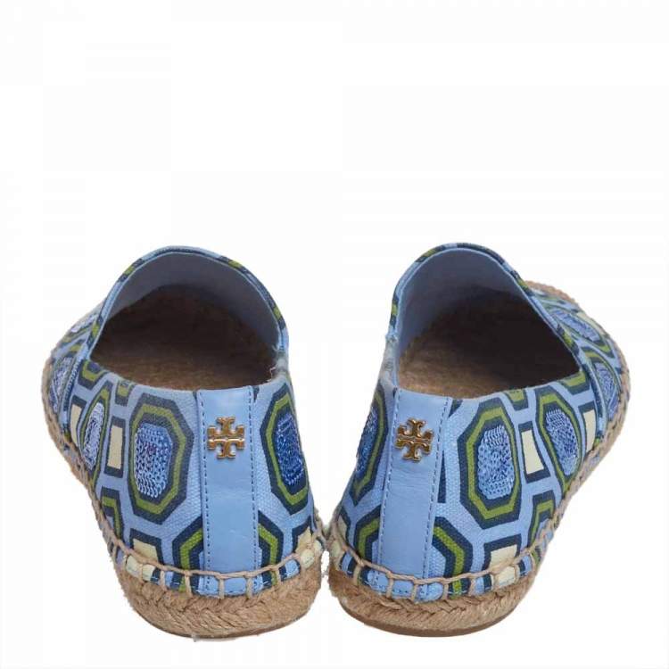 Pre Owned Tory Burch Blue/Green Canvas Espadrille Flats Size 37