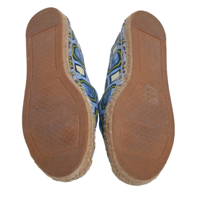 Pre Owned Tory Burch Blue/Green Canvas Espadrille Flats Size 37