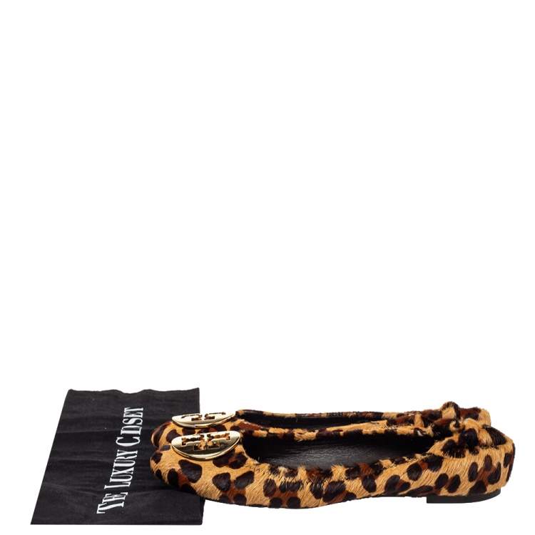 Pre Owned Tory Burch Brown Leopard Print Calf Hair Reva Ballet Flats Size 37.5