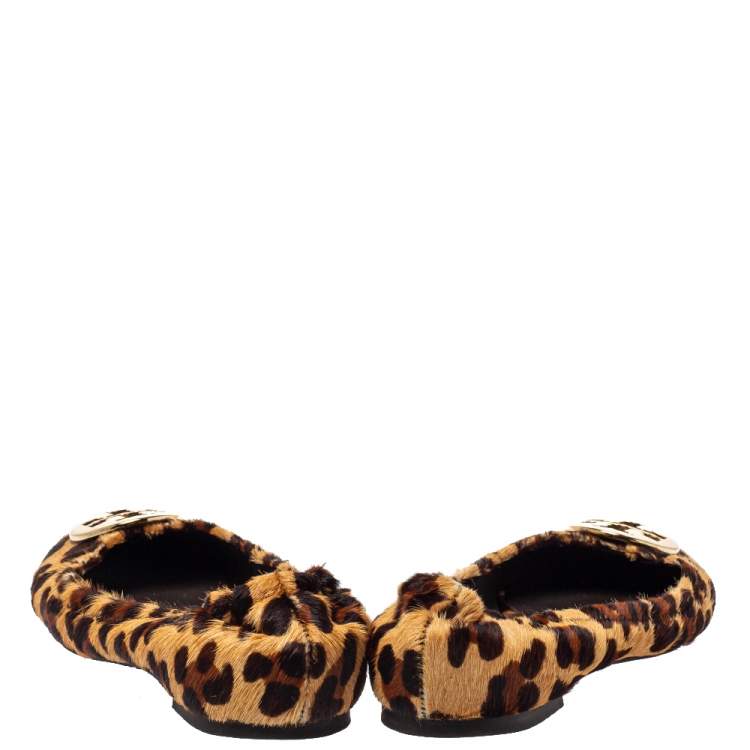 Pre Owned Tory Burch Brown Leopard Print Calf Hair Reva Ballet Flats Size 37.5