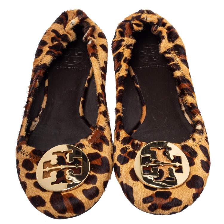 Pre Owned Tory Burch Brown Leopard Print Calf Hair Reva Ballet Flats Size 37.5