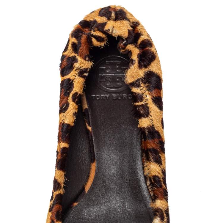 Pre Owned Tory Burch Brown Leopard Print Calf Hair Reva Ballet Flats Size 37.5