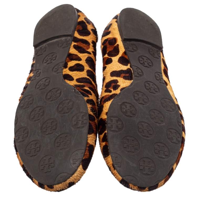 Pre Owned Tory Burch Brown Leopard Print Calf Hair Reva Ballet Flats Size 37.5