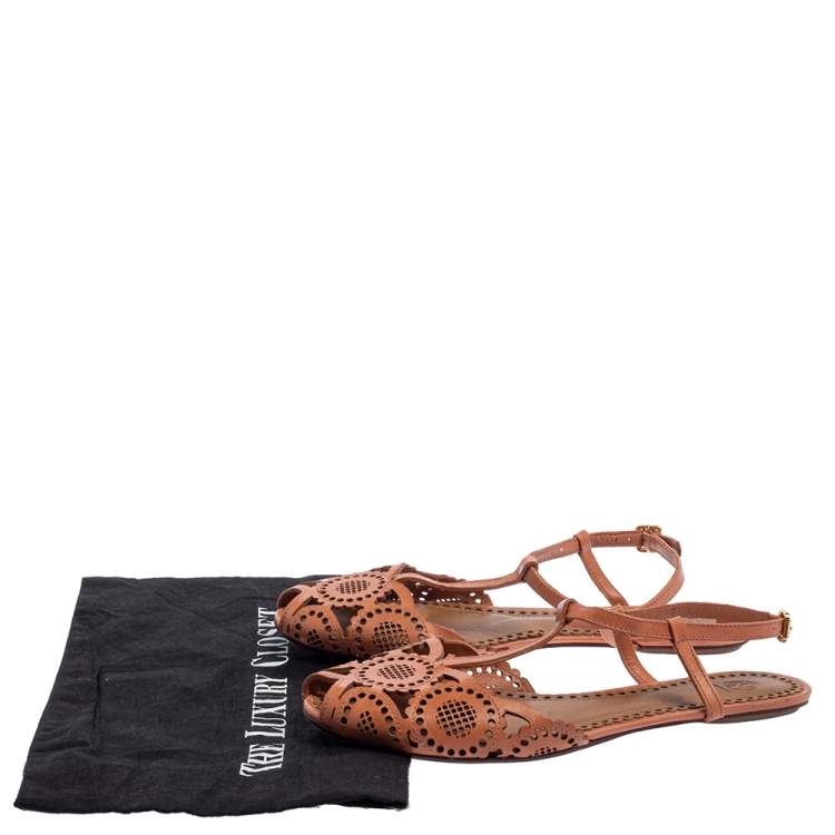 Pre Owned Tory Burch Tan Laser Cut Leather Alexa Flat T-strap Sandals Size 38