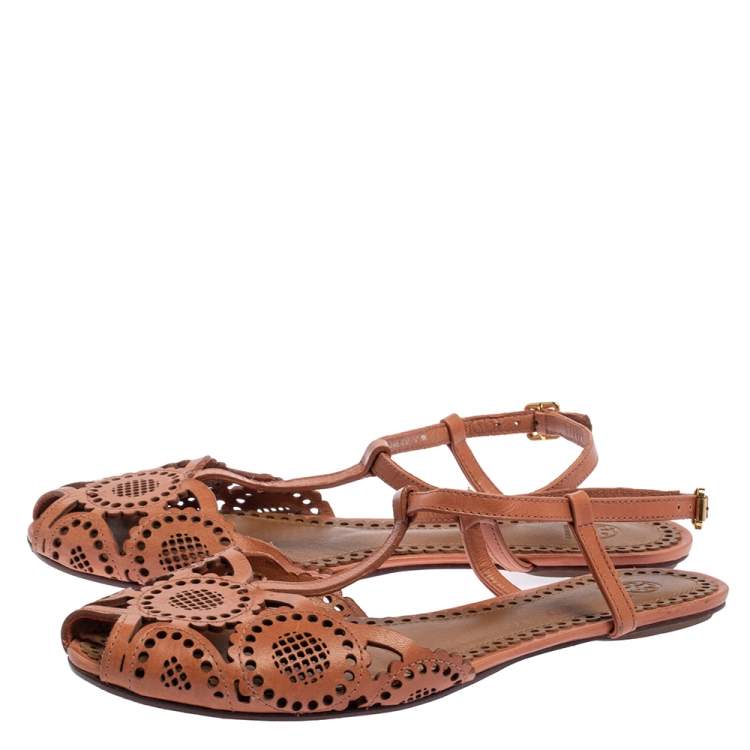 Pre Owned Tory Burch Tan Laser Cut Leather Alexa Flat T-strap Sandals Size 38