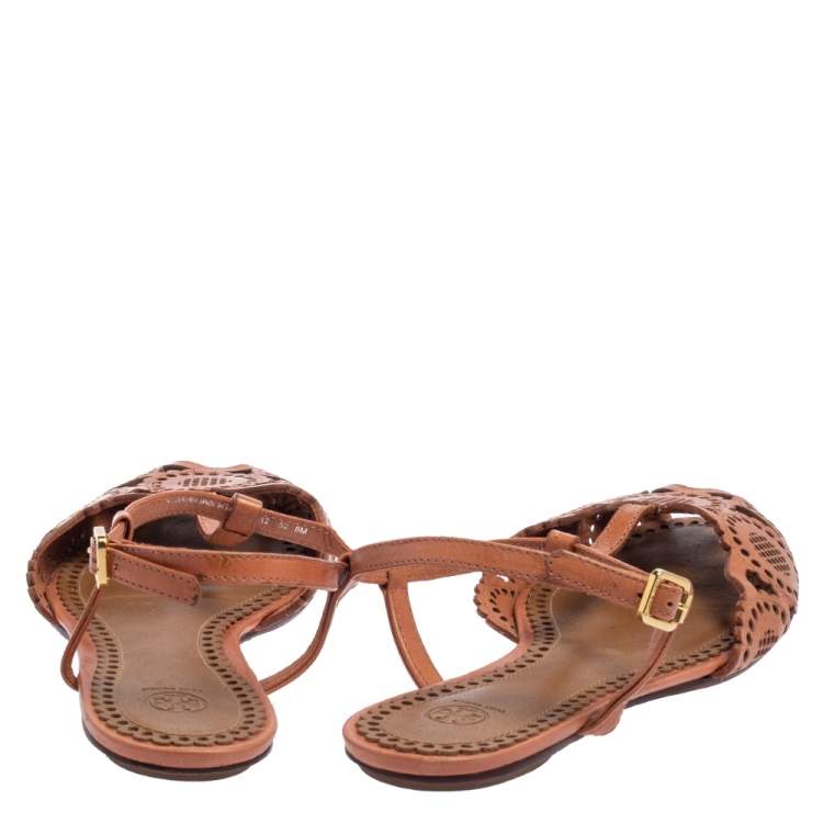 Pre Owned Tory Burch Tan Laser Cut Leather Alexa Flat T-strap Sandals Size 38