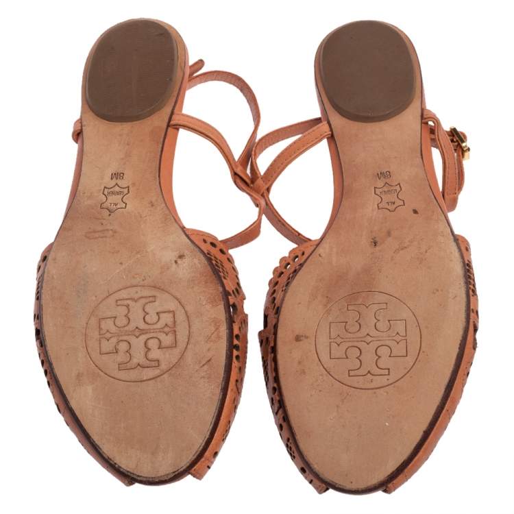 Pre Owned Tory Burch Tan Laser Cut Leather Alexa Flat T-strap Sandals Size 38