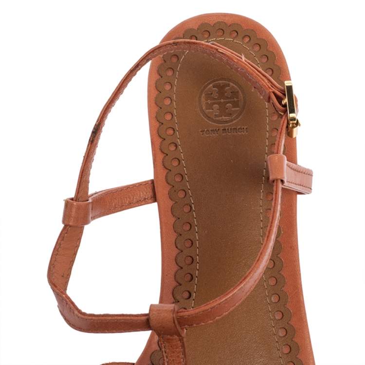 Pre Owned Tory Burch Tan Laser Cut Leather Alexa Flat T-strap Sandals Size 38