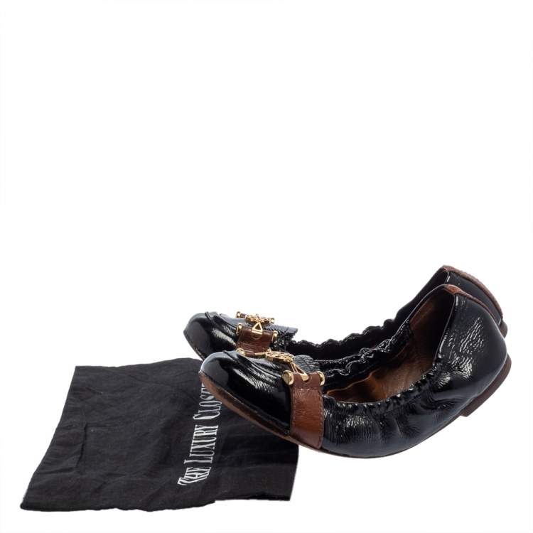 Pre Owned Tory Burch Black Patent Leather Scrunch Ballet Flats Size 38