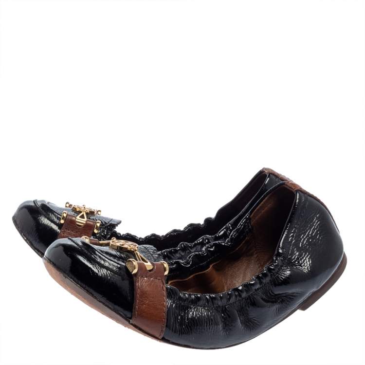 Pre Owned Tory Burch Black Patent Leather Scrunch Ballet Flats Size 38