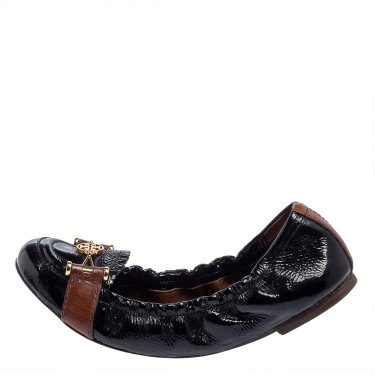 Pre Owned Tory Burch Black Patent Leather Scrunch Ballet Flats Size 38