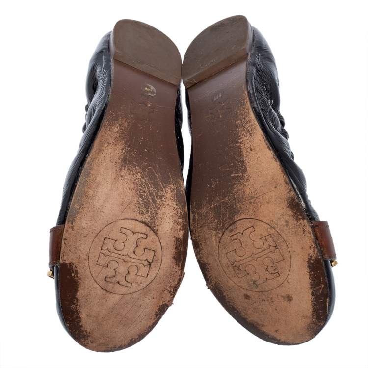 Pre Owned Tory Burch Black Patent Leather Scrunch Ballet Flats Size 38