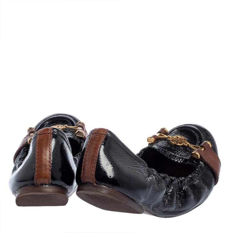 Pre Owned Tory Burch Black Patent Leather Scrunch Ballet Flats Size 38