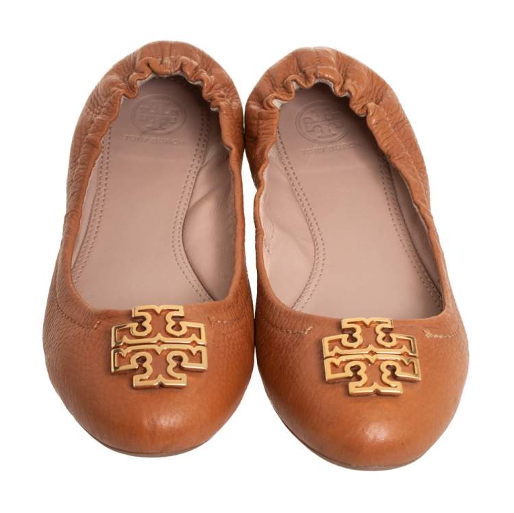 Pre Owned Tory Burch Tan Leather Melinda Flats Size 37.5