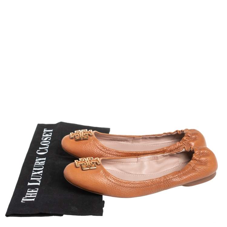 Pre Owned Tory Burch Tan Leather Melinda Flats Size 37.5