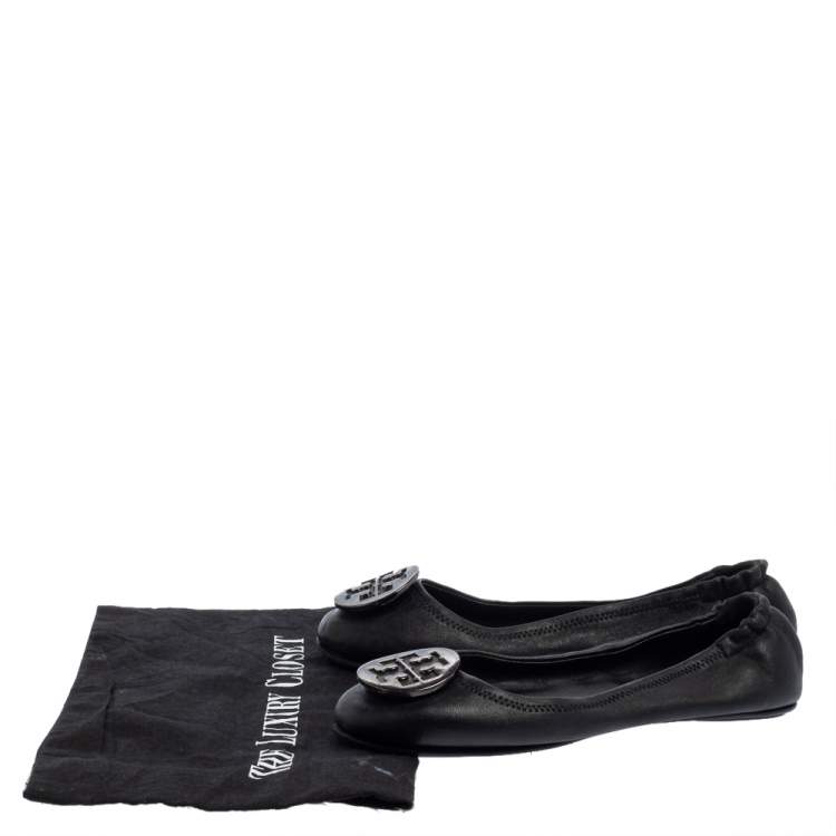 Pre Owned Tory Burch Black Leather Minnie Scrunch Ballet Flats Size 39