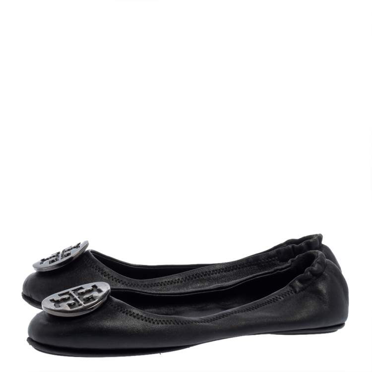 Pre Owned Tory Burch Black Leather Minnie Scrunch Ballet Flats Size 39