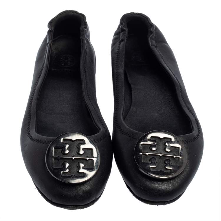 Pre Owned Tory Burch Black Leather Minnie Scrunch Ballet Flats Size 39