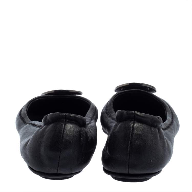 Pre Owned Tory Burch Black Leather Minnie Scrunch Ballet Flats Size 39