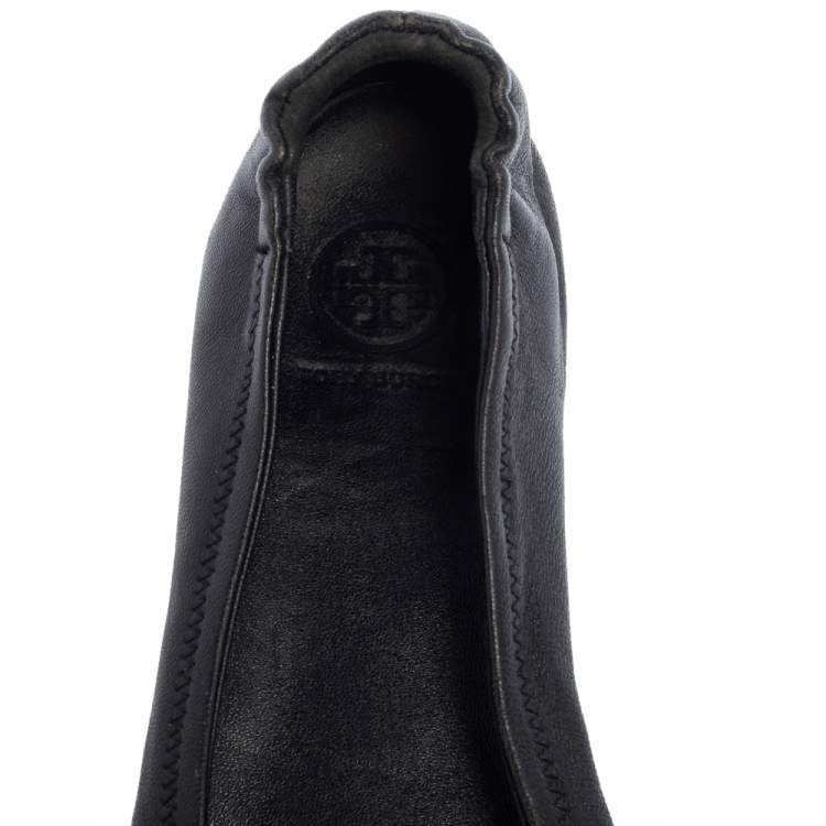 Pre Owned Tory Burch Black Leather Minnie Scrunch Ballet Flats Size 39
