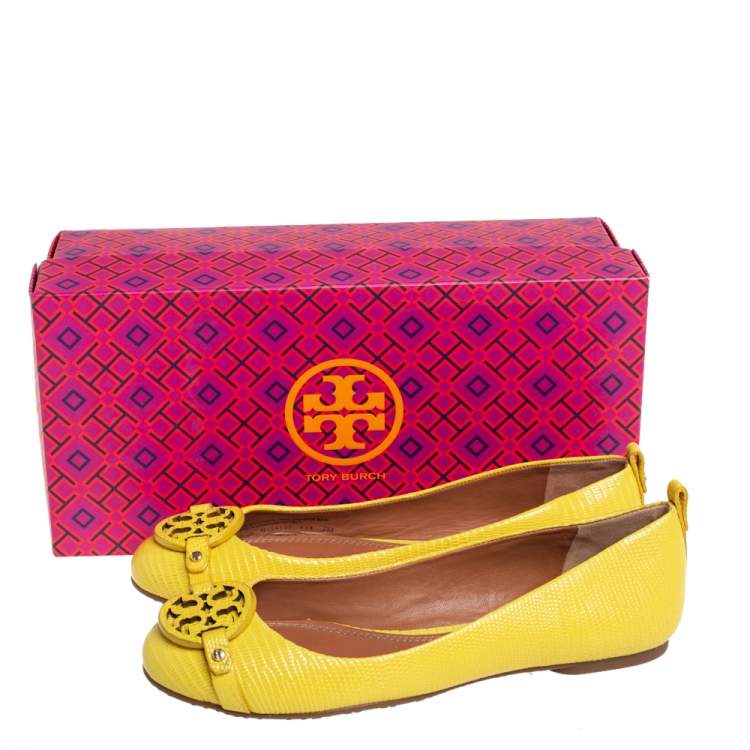 Pre Owned Tory Burch Yellow Lizard Embossed Leather Ballet Flats Size 37