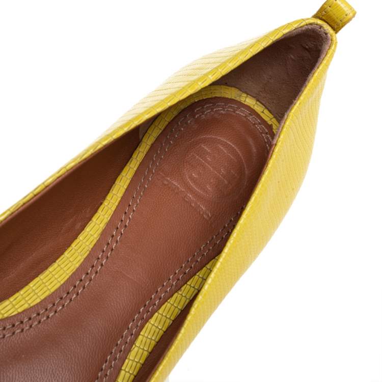 Pre Owned Tory Burch Yellow Lizard Embossed Leather Ballet Flats Size 37