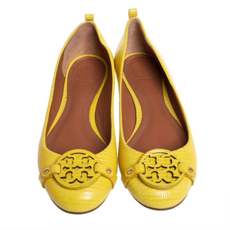 Pre Owned Tory Burch Yellow Lizard Embossed Leather Ballet Flats Size 37