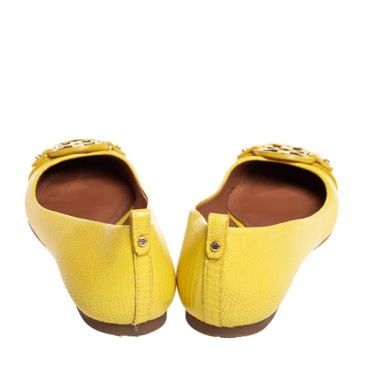Pre Owned Tory Burch Yellow Lizard Embossed Leather Ballet Flats Size 37