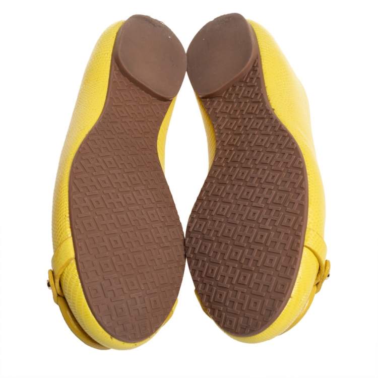 Pre Owned Tory Burch Yellow Lizard Embossed Leather Ballet Flats Size 37
