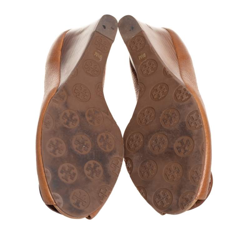 Pre Owned Tory Burch Tan Leather Sally Wedge Pumps Size 39.5